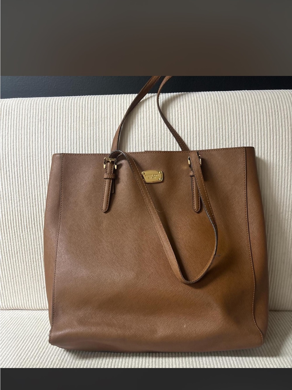 Michael Kors Cognac Leather Tote with Gold Plaque